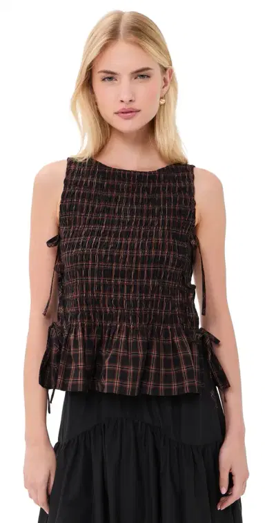 GANNI Smocked Check Tie Top Cappuccino | Thumbnail 1 GANNI Smocked Check Tie Top Cappuccino | Thumbnail 1