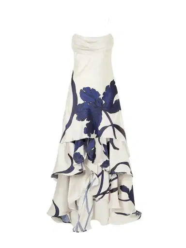 ANDRES OTALORA Inoportuna Printed Ruched Ruffled Satin Maxi Dress | Thumbnail 1 ANDRES OTALORA Inoportuna Printed Ruched Ruffled Satin Maxi Dress | Thumbnail 1