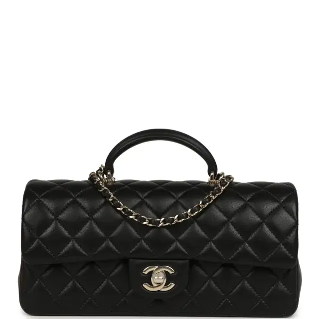 Chanel Classic Top Handle Long Flap Bag Black Lambskin Light Gold Hardware Chanel Classic Top Handle Long Flap Bag Black Lambskin Light Gold Hardware