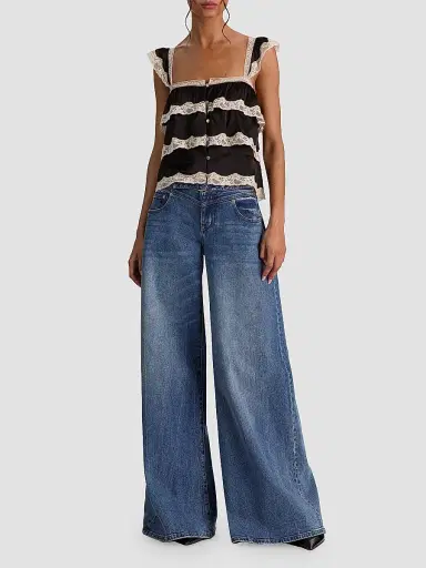 ALICE + OLIVIA Women's Sylvie Tiered Lace Flutter Crop Top - Black | Thumbnail 2 ALICE + OLIVIA Women's Sylvie Tiered Lace Flutter Crop Top - Black | Thumbnail 2
