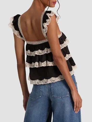 ALICE + OLIVIA Women's Sylvie Tiered Lace Flutter Crop Top - Black | Thumbnail 3 ALICE + OLIVIA Women's Sylvie Tiered Lace Flutter Crop Top - Black | Thumbnail 3