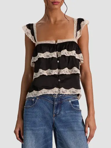 ALICE + OLIVIA Women's Sylvie Tiered Lace Flutter Crop Top - Black | Thumbnail 4 ALICE + OLIVIA Women's Sylvie Tiered Lace Flutter Crop Top - Black | Thumbnail 4