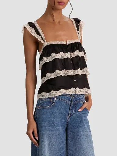 ALICE + OLIVIA Women's Sylvie Tiered Lace Flutter Crop Top - Black | Thumbnail 6 ALICE + OLIVIA Women's Sylvie Tiered Lace Flutter Crop Top - Black | Thumbnail 6