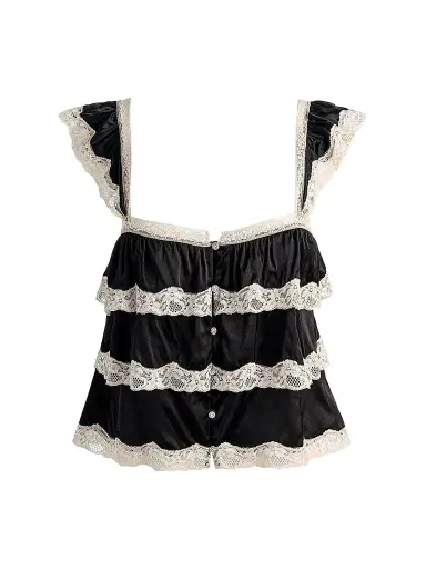 ALICE + OLIVIA Women's Sylvie Tiered Lace Flutter Crop Top - Black | Thumbnail 1 ALICE + OLIVIA Women's Sylvie Tiered Lace Flutter Crop Top - Black | Thumbnail 1