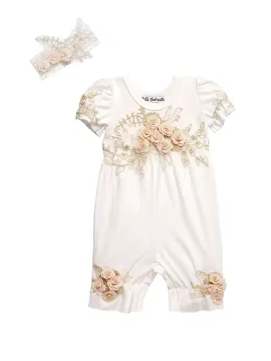 Macis Design Baby Girl's 3D Flower Romper - Gold 24 Months | Thumbnail 1 Macis Design Baby Girl's 3D Flower Romper - Gold 24 Months | Thumbnail 1