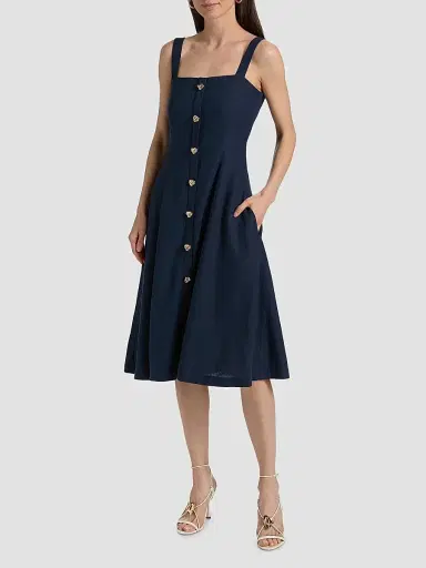 Generation Love Women's Freida Linen-Blend Midi-Dress - French Navy | Thumbnail 3 Generation Love Women's Freida Linen-Blend Midi-Dress - French Navy | Thumbnail 3
