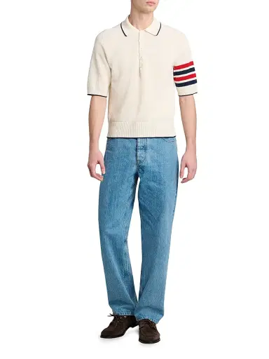 Thom Browne Men's Cross Over Tuck Stitch Linen-Cotton Polo Shirt | Thumbnail 2 Thom Browne Men's Cross Over Tuck Stitch Linen-Cotton Polo Shirt | Thumbnail 2
