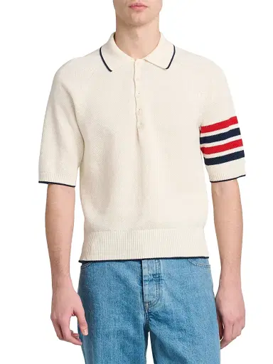 Thom Browne Men's Cross Over Tuck Stitch Linen-Cotton Polo Shirt | Thumbnail 3 Thom Browne Men's Cross Over Tuck Stitch Linen-Cotton Polo Shirt | Thumbnail 3