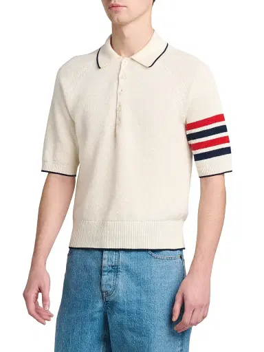 Thom Browne Men's Cross Over Tuck Stitch Linen-Cotton Polo Shirt | Thumbnail 4 Thom Browne Men's Cross Over Tuck Stitch Linen-Cotton Polo Shirt | Thumbnail 4