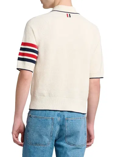 Thom Browne Men's Cross Over Tuck Stitch Linen-Cotton Polo Shirt | Thumbnail 5 Thom Browne Men's Cross Over Tuck Stitch Linen-Cotton Polo Shirt | Thumbnail 5