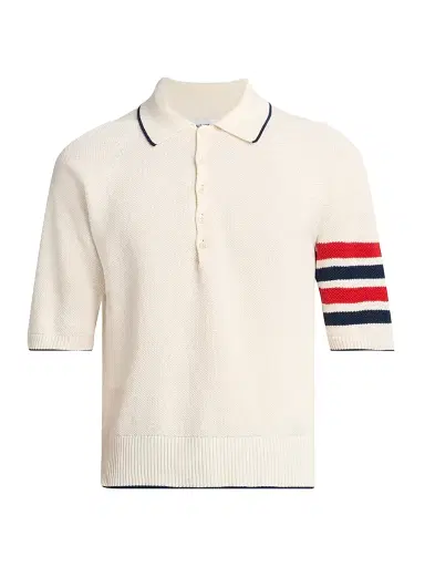 Thom Browne Men's Cross Over Tuck Stitch Linen-Cotton Polo Shirt | Thumbnail 1 Thom Browne Men's Cross Over Tuck Stitch Linen-Cotton Polo Shirt | Thumbnail 1