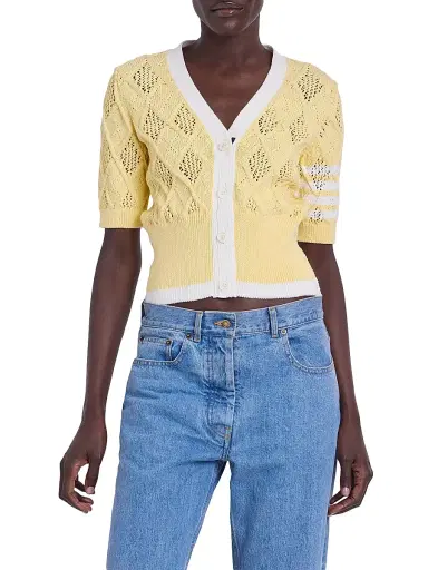 Thom Browne Women's Argyle Pointelle Knit Short-Sleeve Cardigan | Thumbnail 3 Thom Browne Women's Argyle Pointelle Knit Short-Sleeve Cardigan | Thumbnail 3