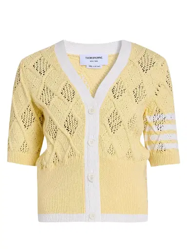 Thom Browne Women's Argyle Pointelle Knit Short-Sleeve Cardigan | Thumbnail 1 Thom Browne Women's Argyle Pointelle Knit Short-Sleeve Cardigan | Thumbnail 1