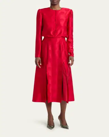 Valentino Garavani Polka-Dot Satin Long-Sleeve Slits Midi Dress | Thumbnail 2 Valentino Garavani Polka-Dot Satin Long-Sleeve Slits Midi Dress | Thumbnail 2