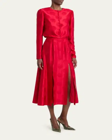 Valentino Garavani Polka-Dot Satin Long-Sleeve Slits Midi Dress | Thumbnail 4 Valentino Garavani Polka-Dot Satin Long-Sleeve Slits Midi Dress | Thumbnail 4