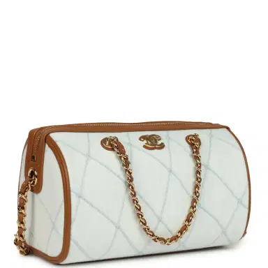 Chanel Chanel Coco Beach Mini Timeless Classic Barrel Bag with Chain Light Blue Denim and Brown Calfskin Gold Hardware | Thumbnail 2 Chanel Chanel Coco Beach Mini Timeless Classic Barrel Bag with Chain Light Blue Denim and Brown Calfskin Gold Hardware | Thumbnail 2