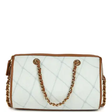 Chanel Chanel Coco Beach Mini Timeless Classic Barrel Bag with Chain Light Blue Denim and Brown Calfskin Gold Hardware | Thumbnail 4 Chanel Chanel Coco Beach Mini Timeless Classic Barrel Bag with Chain Light Blue Denim and Brown Calfskin Gold Hardware | Thumbnail 4