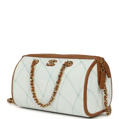 Chanel Chanel Coco Beach Mini Timeless Classic Barrel Bag with Chain Light Blue Denim and Brown Calfskin Gold Hardware | Thumbnail 5 Chanel Chanel Coco Beach Mini Timeless Classic Barrel Bag with Chain Light Blue Denim and Brown Calfskin Gold Hardware | Thumbnail 5