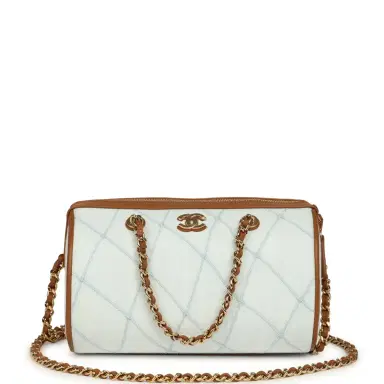 Chanel Chanel Coco Beach Mini Timeless Classic Barrel Bag with Chain Light Blue Denim and Brown Calfskin Gold Hardware | Thumbnail 1 Chanel Chanel Coco Beach Mini Timeless Classic Barrel Bag with Chain Light Blue Denim and Brown Calfskin Gold Hardware | Thumbnail 1