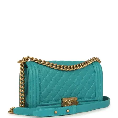 Chanel Pre-owned Chanel Medium Boy Bag Turquoise Shiny Caviar Antique Gold Hardware | Thumbnail 2 Chanel Pre-owned Chanel Medium Boy Bag Turquoise Shiny Caviar Antique Gold Hardware | Thumbnail 2