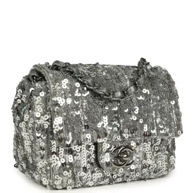 Chanel Pre-owned Chanel Mini Classic Square Flap Bag Metallic Silver Sequins Ruthenium Hardware | Thumbnail 2 Chanel Pre-owned Chanel Mini Classic Square Flap Bag Metallic Silver Sequins Ruthenium Hardware | Thumbnail 2