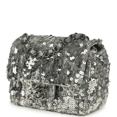 Chanel Pre-owned Chanel Mini Classic Square Flap Bag Metallic Silver Sequins Ruthenium Hardware | Thumbnail 5 Chanel Pre-owned Chanel Mini Classic Square Flap Bag Metallic Silver Sequins Ruthenium Hardware | Thumbnail 5