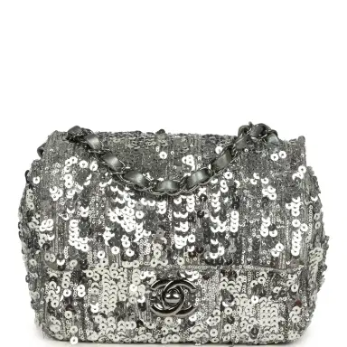 Chanel Pre-owned Chanel Mini Classic Square Flap Bag Metallic Silver Sequins Ruthenium Hardware | Thumbnail 1 Chanel Pre-owned Chanel Mini Classic Square Flap Bag Metallic Silver Sequins Ruthenium Hardware | Thumbnail 1