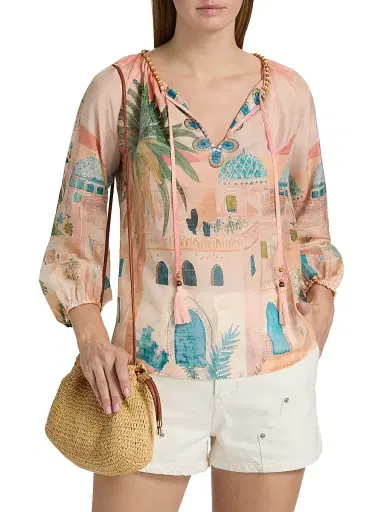 Johnny Was Women's Loubellah Beaded Cotton-Silk Blouse - Sirena - Size XL | Thumbnail 3 Johnny Was Women's Loubellah Beaded Cotton-Silk Blouse - Sirena - Size XL | Thumbnail 3