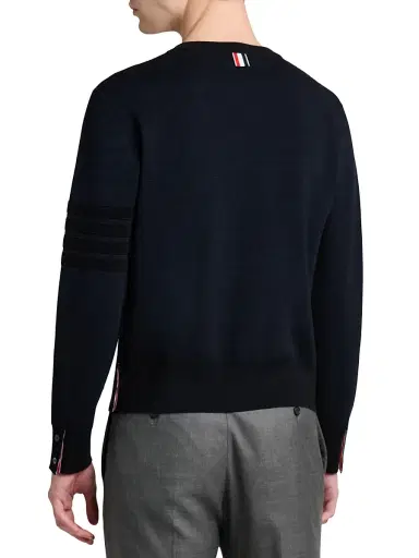 Thom Browne Men's Ottoman Stitch 4-Bar Stripe Wool-Linen-Cotton Crewneck Sweater | Thumbnail 5 Thom Browne Men's Ottoman Stitch 4-Bar Stripe Wool-Linen-Cotton Crewneck Sweater | Thumbnail 5
