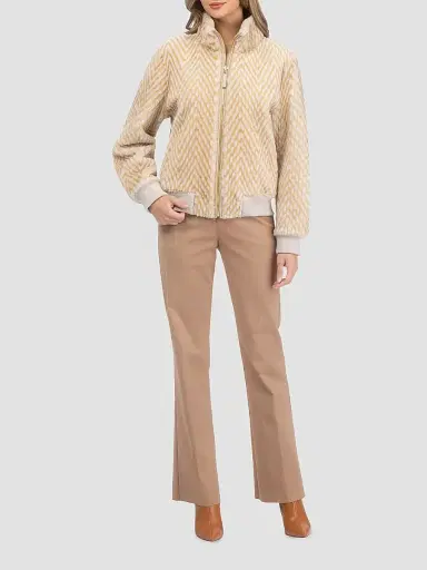 Gorski Women's Reversible Chevron Printed Grooved Shearling Lamb Bomber Coat - Cream Palomino - Size Large | Thumbnail 2 Gorski Women's Reversible Chevron Printed Grooved Shearling Lamb Bomber Coat - Cream Palomino - Size Large | Thumbnail 2