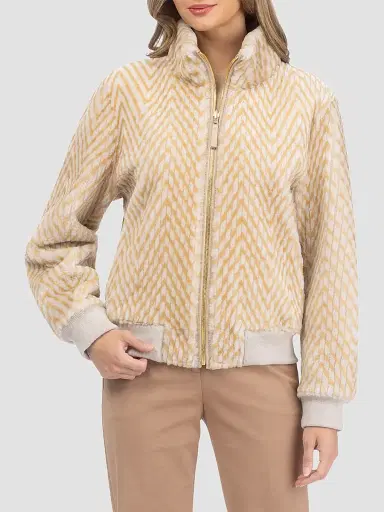 Gorski Women's Reversible Chevron Printed Grooved Shearling Lamb Bomber Coat - Cream Palomino - Size Large | Thumbnail 3 Gorski Women's Reversible Chevron Printed Grooved Shearling Lamb Bomber Coat - Cream Palomino - Size Large | Thumbnail 3