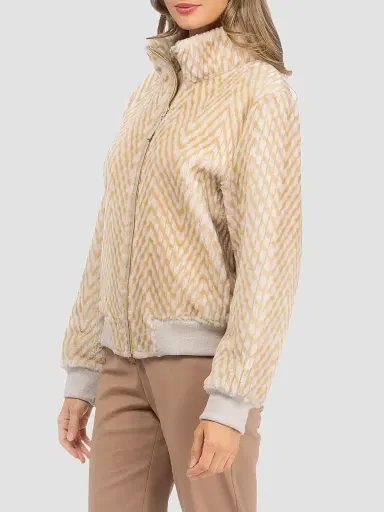 Gorski Women's Reversible Chevron Printed Grooved Shearling Lamb Bomber Coat - Cream Palomino - Size Large | Thumbnail 4 Gorski Women's Reversible Chevron Printed Grooved Shearling Lamb Bomber Coat - Cream Palomino - Size Large | Thumbnail 4