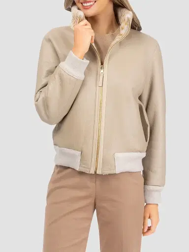 Gorski Women's Reversible Chevron Printed Grooved Shearling Lamb Bomber Coat - Cream Palomino - Size Large | Thumbnail 6 Gorski Women's Reversible Chevron Printed Grooved Shearling Lamb Bomber Coat - Cream Palomino - Size Large | Thumbnail 6