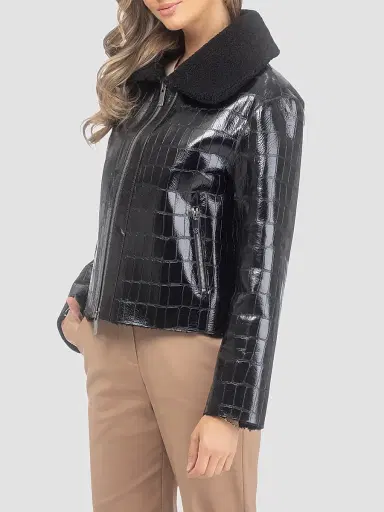 Gorski Women's Shearling Lamb Croco Embossed Zip Jacket - Black - Size Large | Thumbnail 4 Gorski Women's Shearling Lamb Croco Embossed Zip Jacket - Black - Size Large | Thumbnail 4