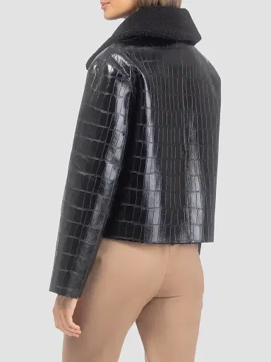 Gorski Women's Shearling Lamb Croco Embossed Zip Jacket - Black - Size Large | Thumbnail 5 Gorski Women's Shearling Lamb Croco Embossed Zip Jacket - Black - Size Large | Thumbnail 5