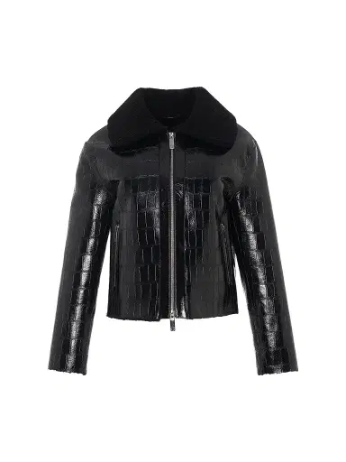 Gorski Women's Shearling Lamb Croco Embossed Zip Jacket - Black - Size Large | Thumbnail 1 Gorski Women's Shearling Lamb Croco Embossed Zip Jacket - Black - Size Large | Thumbnail 1