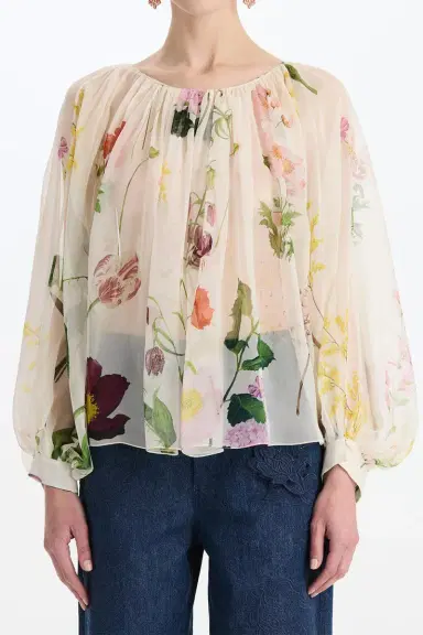 Oscar de la Renta Mixed Botanical Long Sleeve Blouse | Thumbnail 2 Oscar de la Renta Mixed Botanical Long Sleeve Blouse | Thumbnail 2