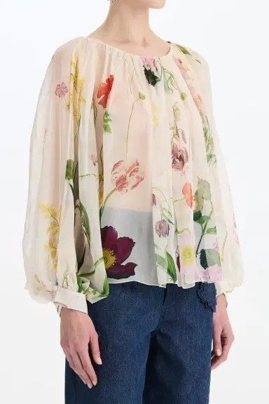 Oscar de la Renta Mixed Botanical Long Sleeve Blouse | Thumbnail 3 Oscar de la Renta Mixed Botanical Long Sleeve Blouse | Thumbnail 3
