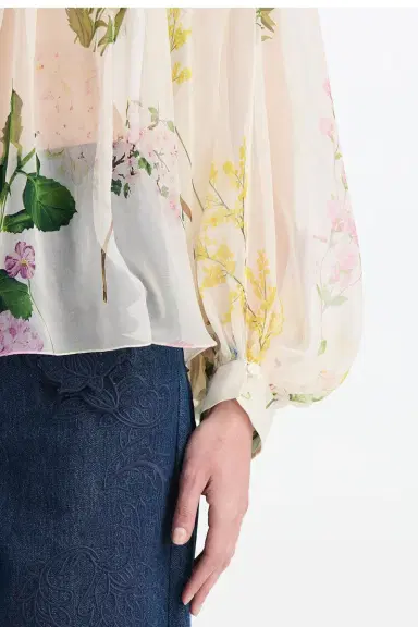 Oscar de la Renta Mixed Botanical Long Sleeve Blouse | Thumbnail 4 Oscar de la Renta Mixed Botanical Long Sleeve Blouse | Thumbnail 4