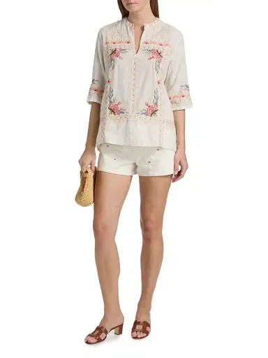 Johnny Was Women's Easy Embroidered V-Neck Top - Nora Stripe | Thumbnail 2 Johnny Was Women's Easy Embroidered V-Neck Top - Nora Stripe | Thumbnail 2