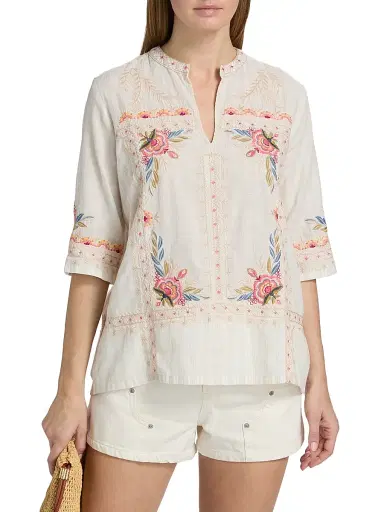Johnny Was Women's Easy Embroidered V-Neck Top - Nora Stripe | Thumbnail 3 Johnny Was Women's Easy Embroidered V-Neck Top - Nora Stripe | Thumbnail 3