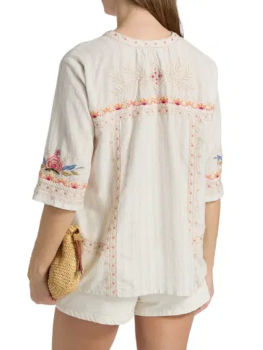 Johnny Was Women's Easy Embroidered V-Neck Top - Nora Stripe | Thumbnail 5 Johnny Was Women's Easy Embroidered V-Neck Top - Nora Stripe | Thumbnail 5