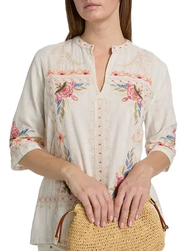 Johnny Was Women's Easy Embroidered V-Neck Top - Nora Stripe | Thumbnail 6 Johnny Was Women's Easy Embroidered V-Neck Top - Nora Stripe | Thumbnail 6
