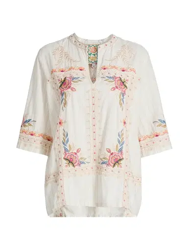 Johnny Was Women's Easy Embroidered V-Neck Top - Nora Stripe | Thumbnail 1 Johnny Was Women's Easy Embroidered V-Neck Top - Nora Stripe | Thumbnail 1