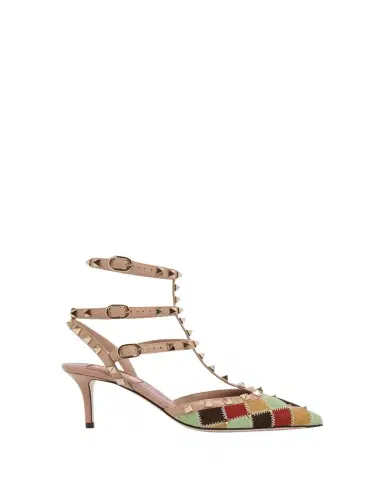 Valentino Garavani 100mm Rockstud Patchwork Suede Ankle-Strap Pumps | Thumbnail 1 Valentino Garavani 100mm Rockstud Patchwork Suede Ankle-Strap Pumps | Thumbnail 1