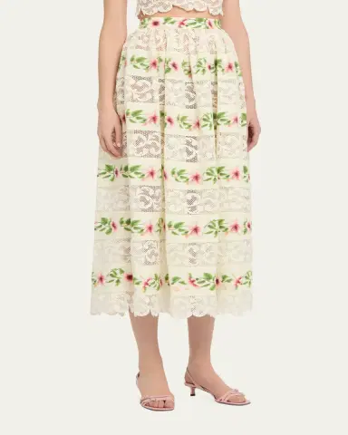 Oscar de la Renta Chine Hibiscus Striped Lace-Inset Midi Skirt | Thumbnail 4 Oscar de la Renta Chine Hibiscus Striped Lace-Inset Midi Skirt | Thumbnail 4