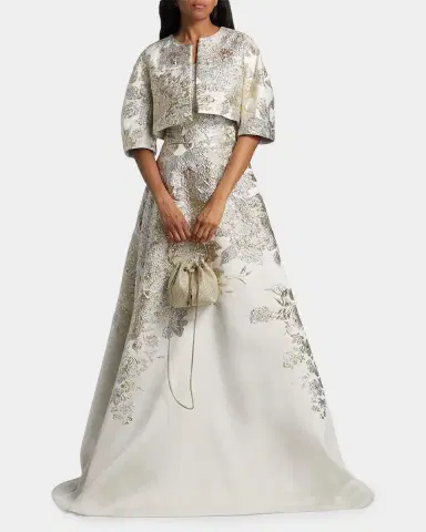 Rickie Freeman for Teri Jon Lantern-Sleeve Metallic Jacquard Bolero | Thumbnail 2 Rickie Freeman for Teri Jon Lantern-Sleeve Metallic Jacquard Bolero | Thumbnail 2