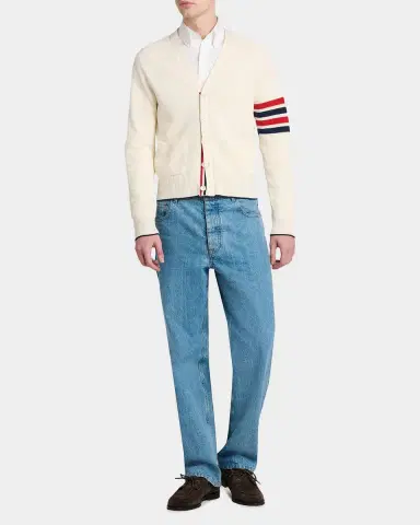 Thom Browne Men's Cotton and Linen 4-Bar Sleeve Cardigan | Thumbnail 2 Thom Browne Men's Cotton and Linen 4-Bar Sleeve Cardigan | Thumbnail 2