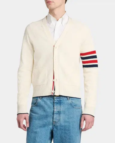 Thom Browne Men's Cotton and Linen 4-Bar Sleeve Cardigan | Thumbnail 4 Thom Browne Men's Cotton and Linen 4-Bar Sleeve Cardigan | Thumbnail 4