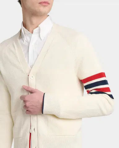 Thom Browne Men's Cotton and Linen 4-Bar Sleeve Cardigan | Thumbnail 5 Thom Browne Men's Cotton and Linen 4-Bar Sleeve Cardigan | Thumbnail 5